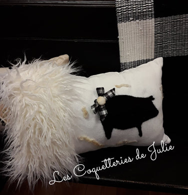 Coussin blanc Farmhouse - Cochon noir